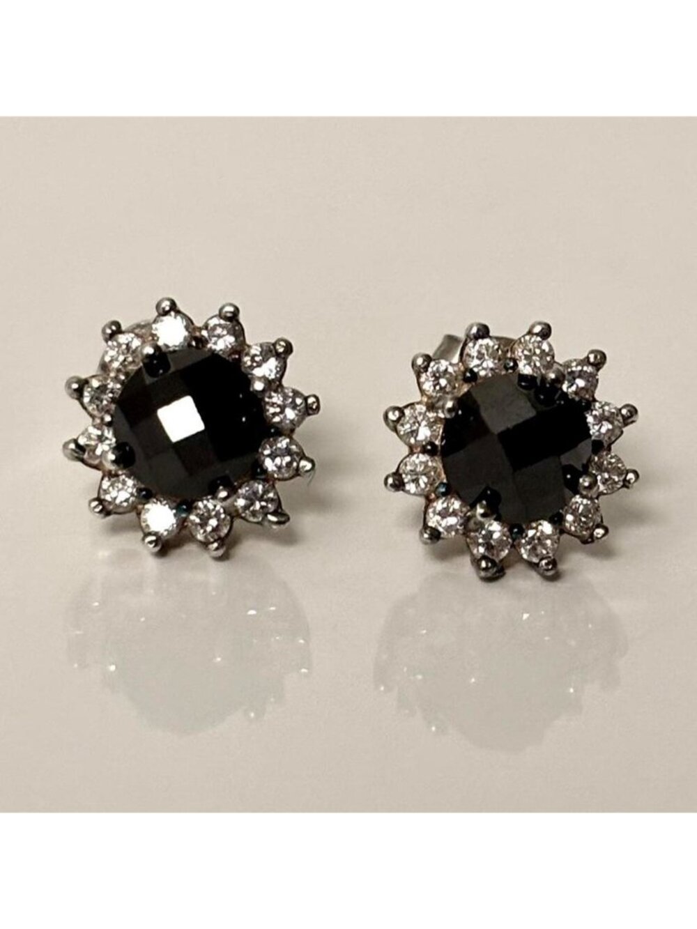 Vintage 925 Sterling Silver Studs - Sunburst Halo Design - Black Onyx 90s era